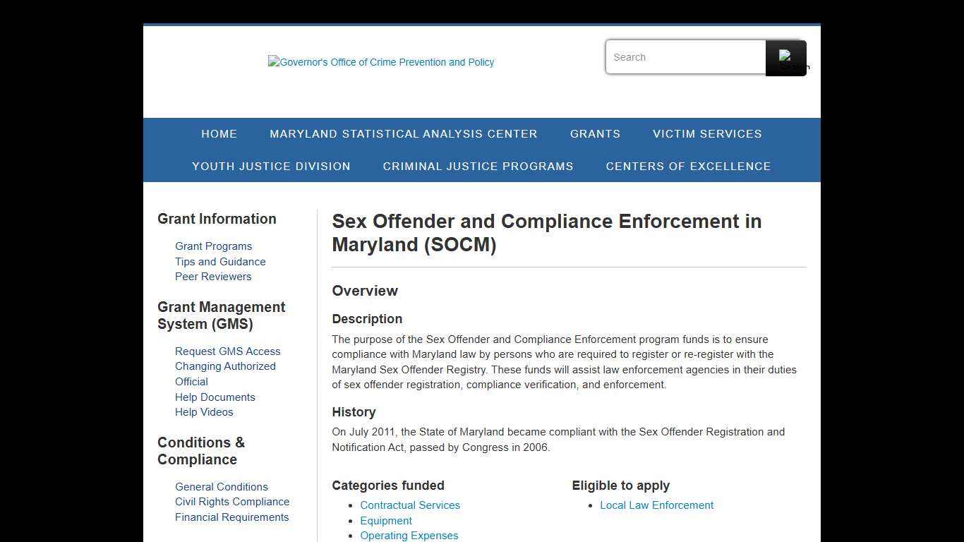 Sex Offender and Compliance Enforcement in Maryland (SOCM) - Governor’s Office of Crime Prevention and Policy