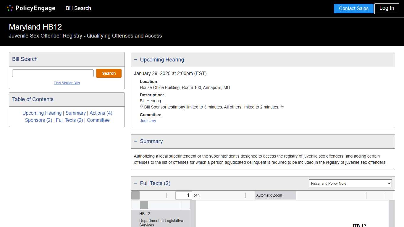 HB12 Maryland 2026 Juvenile Sex Offender Registry - Qualifying Offenses and Access - Legislative Tracking PolicyEngage